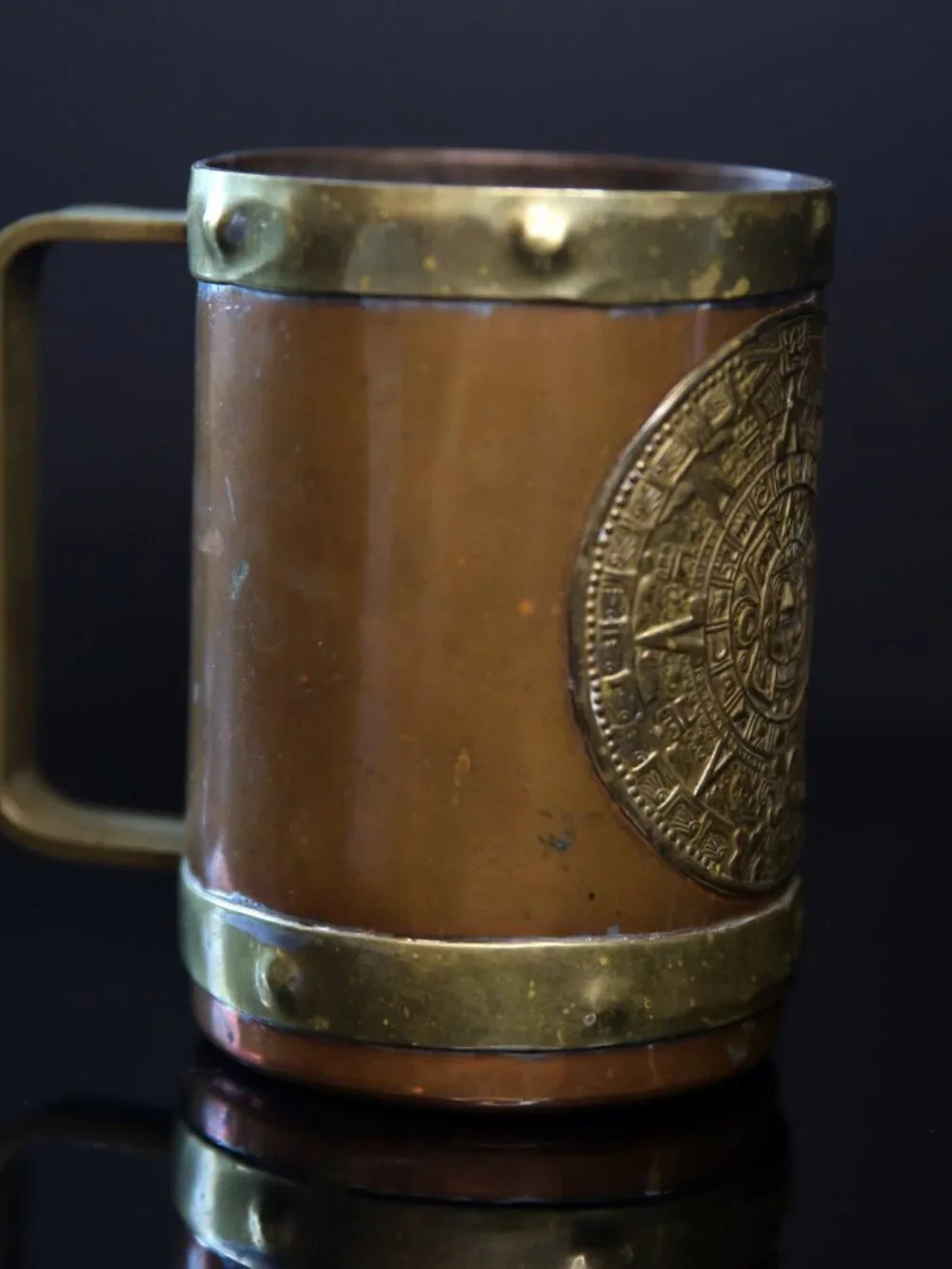 Vintage Brass Copper Mug with Mayan Calendar, Aztec Mexican Cup with Emblem